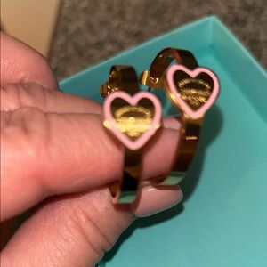 Tiffany & Co. Gold Heart Hoop Earrings with Pink Enamel Trim